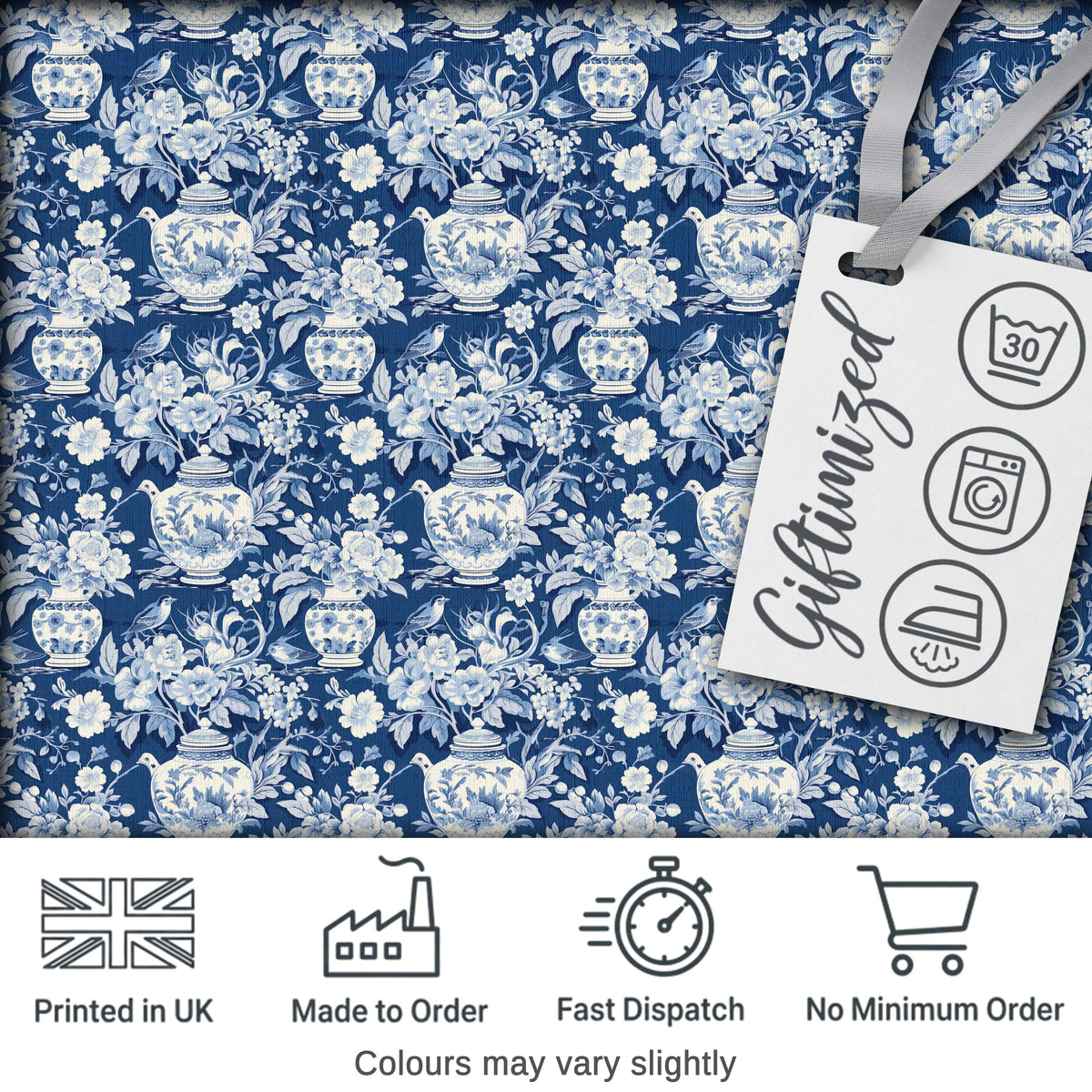 Vintage Blue Porcelain Floral Vase Bird Seamless Pattern Digital Print Fabric by the Metre UK Sewing Quilting Textile