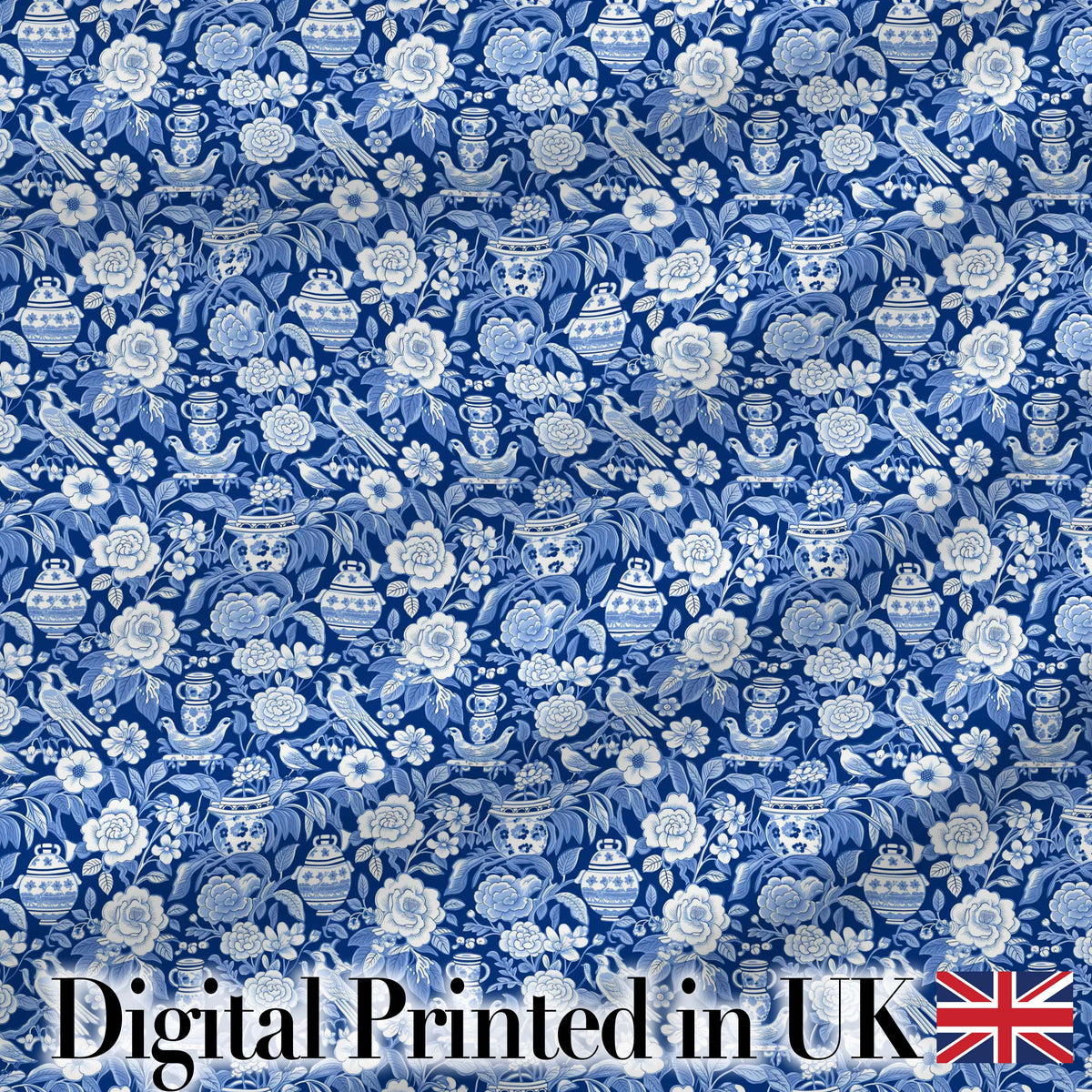 Classic Blue and White Oriental Garden Scenic Seamless Pattern Digital Print Fabric by the Metre UK Sewing Quilting Textile