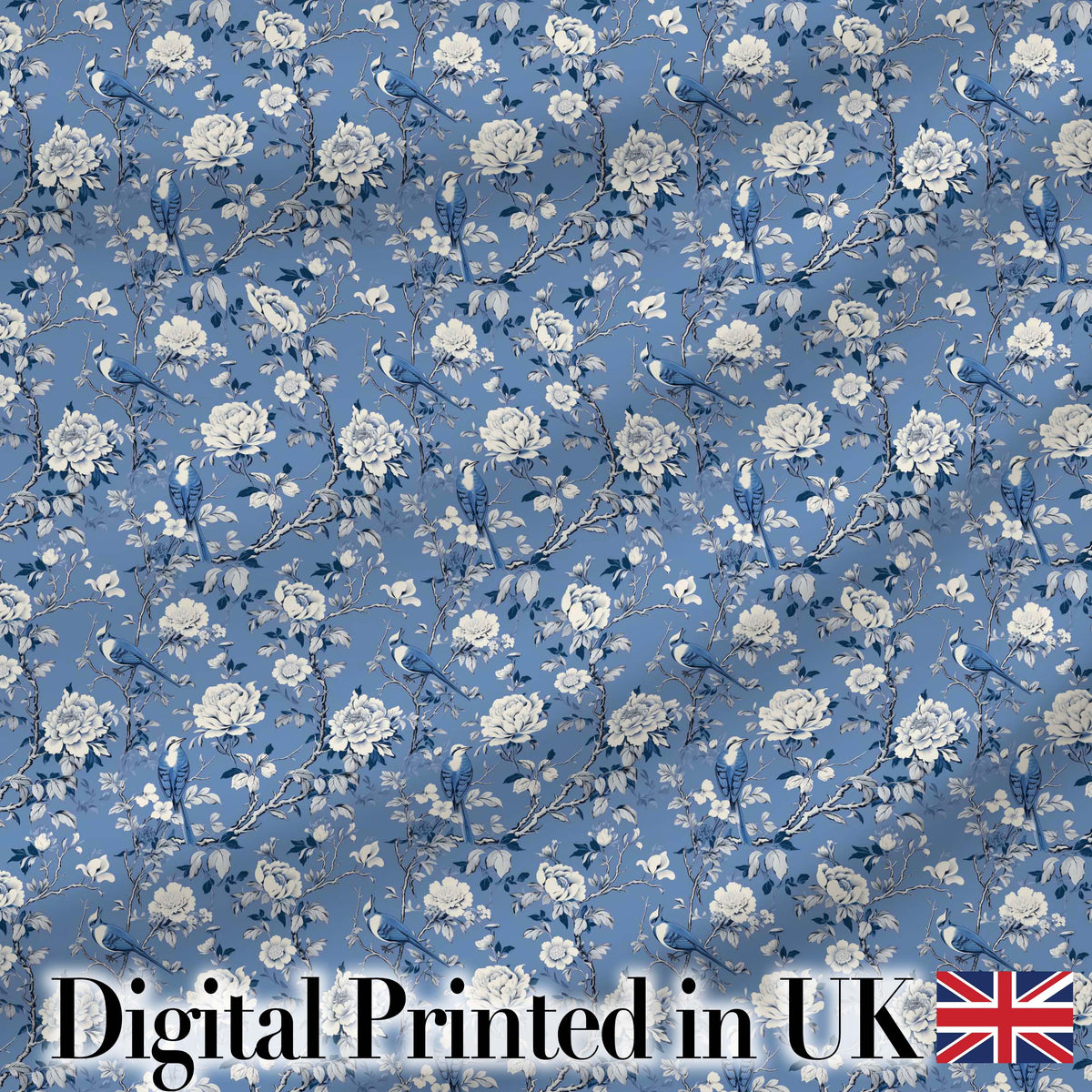 Blue Bird Floral Branch Elegant Seamless Vintage Pattern Digital Print Fabric by the Metre UK Sewing Quilting Textile