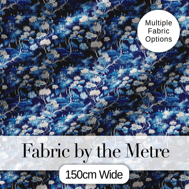 Elegant Blue Toile Garden Landscape Floral Seamless Pattern Digital Print Fabric by the Metre UK Sewing Quilting Textile