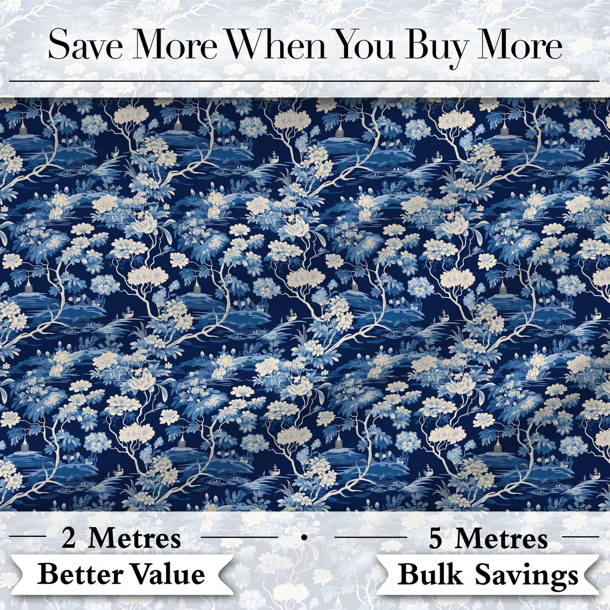 Elegant Blue Toile Garden Landscape Floral Seamless Pattern Digital Print Fabric by the Metre UK Sewing Quilting Textile