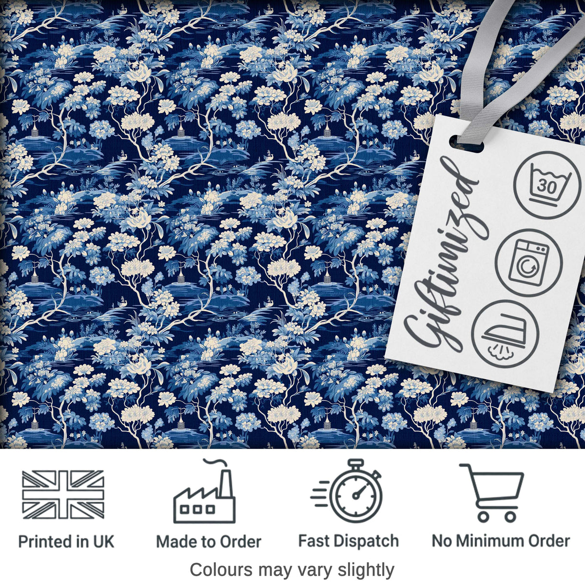 Elegant Blue Toile Garden Landscape Floral Seamless Pattern Digital Print Fabric by the Metre UK Sewing Quilting Textile