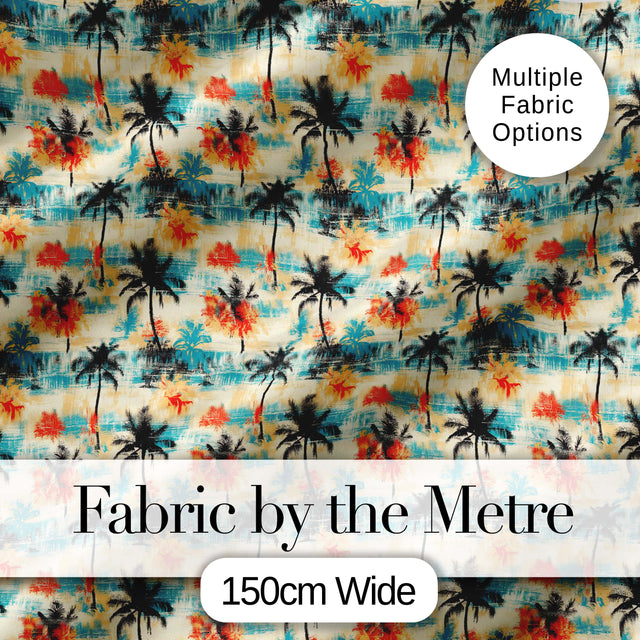 Vintage Tropical Palm Tree Sunset Beach Seamless Pattern Digital Print Fabric by the Metre UK Sewing Quilting Textile