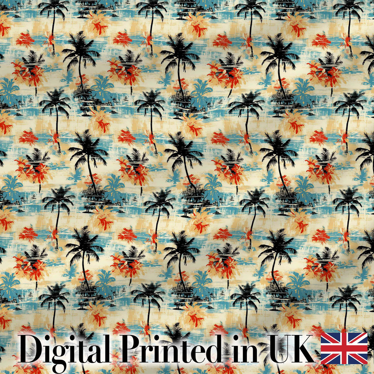 Vintage Tropical Palm Tree Sunset Beach Seamless Pattern Digital Print Fabric by the Metre UK Sewing Quilting Textile