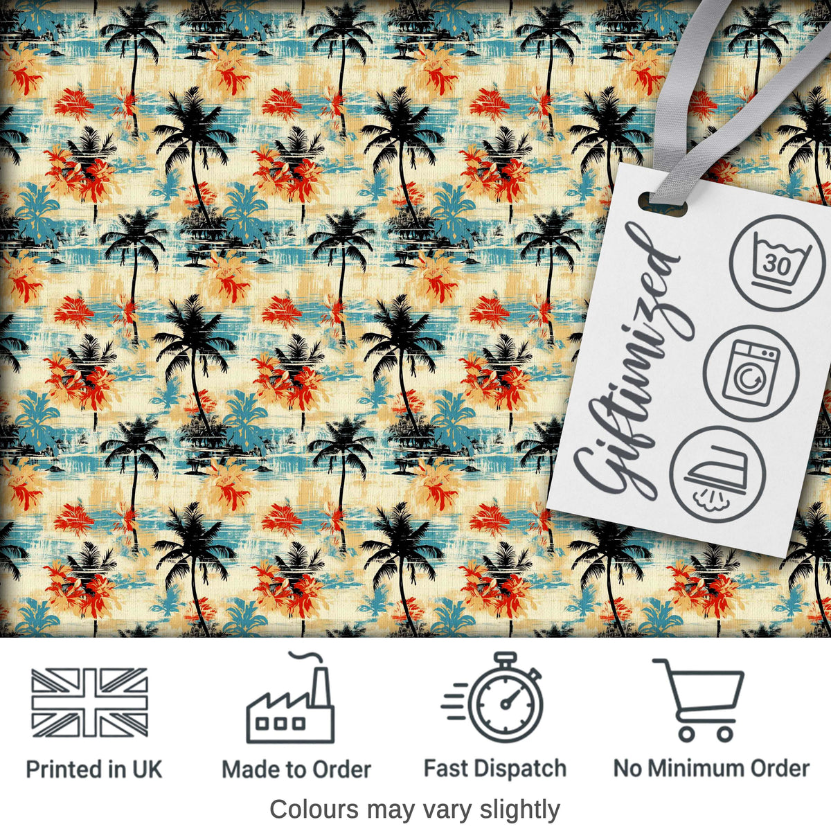 Vintage Tropical Palm Tree Sunset Beach Seamless Pattern Digital Print Fabric by the Metre UK Sewing Quilting Textile