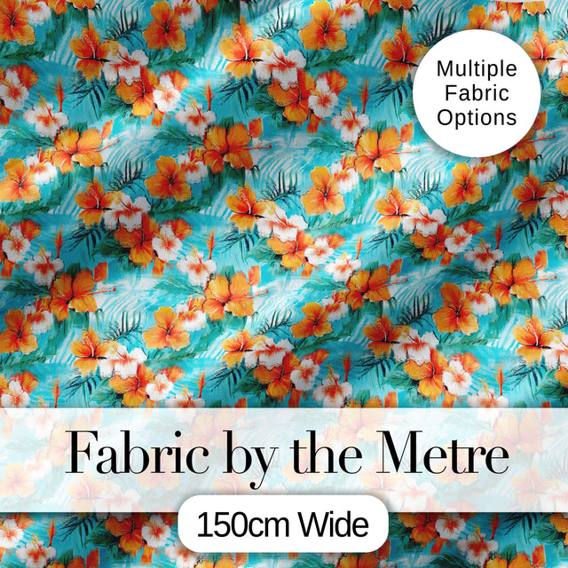 Bright Orange Hibiscus Tropical Leaves Seamless Pattern Digital Print Fabric by the Metre UK Sewing Quilting Textile