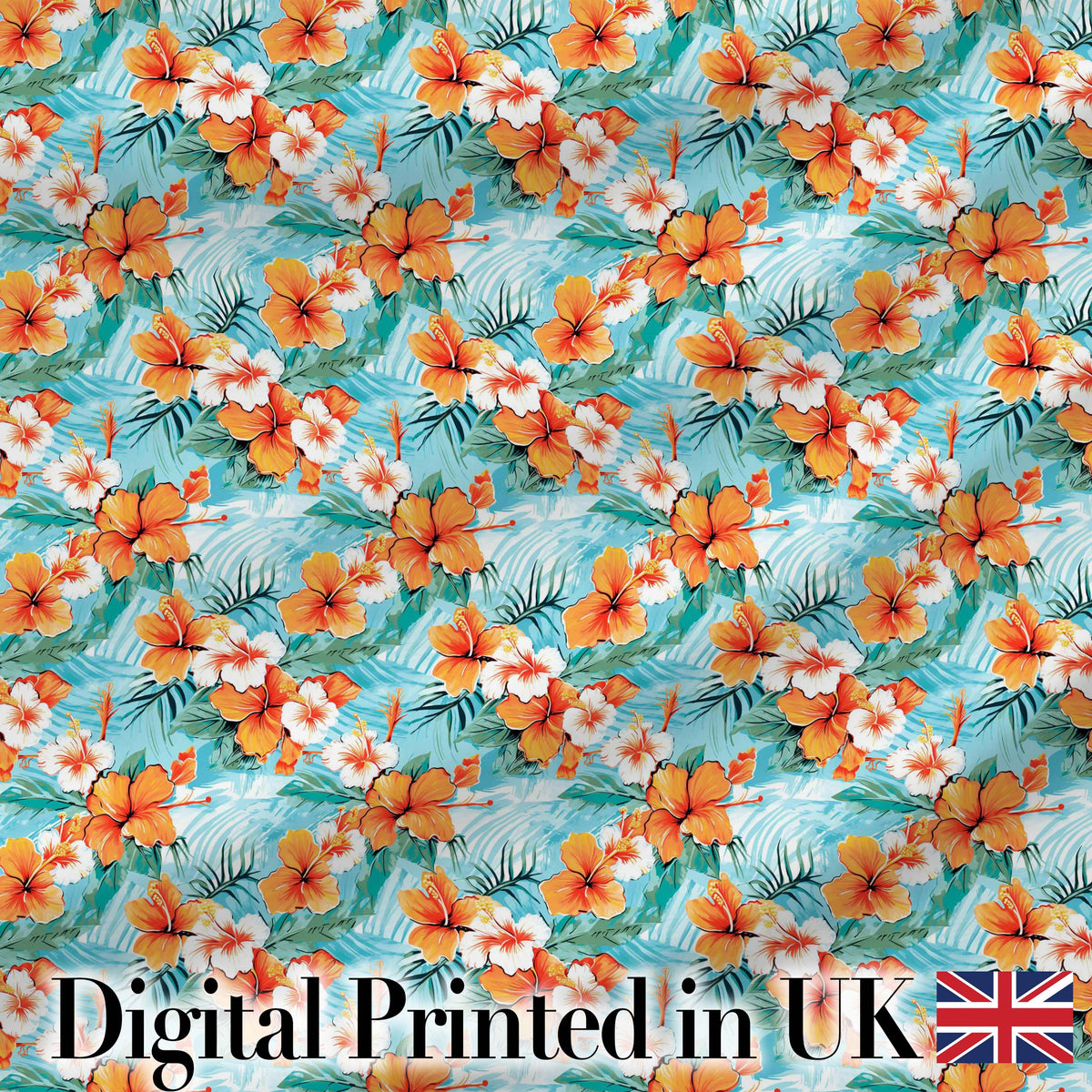 Bright Orange Hibiscus Tropical Leaves Seamless Pattern Digital Print Fabric by the Metre UK Sewing Quilting Textile