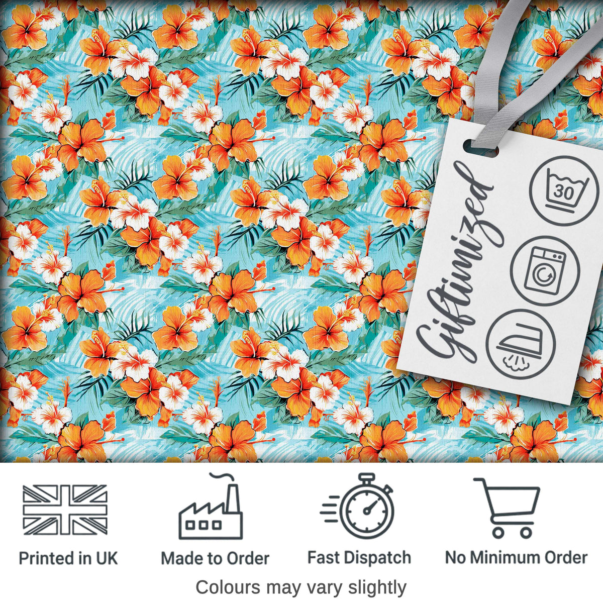 Bright Orange Hibiscus Tropical Leaves Seamless Pattern Digital Print Fabric by the Metre UK Sewing Quilting Textile