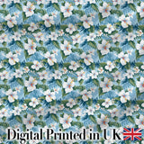 White Hibiscus Blue Leaf Tropical Floral Seamless Pattern Digital Print Fabric by the Metre UK Sewing Quilting Textile
