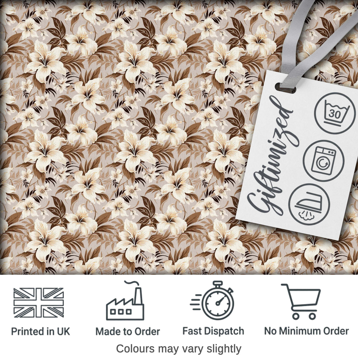 Neutral Beige Tropical Hibiscus Floral Seamless Pattern Digital Print Fabric by the Metre UK Sewing Quilting Textile