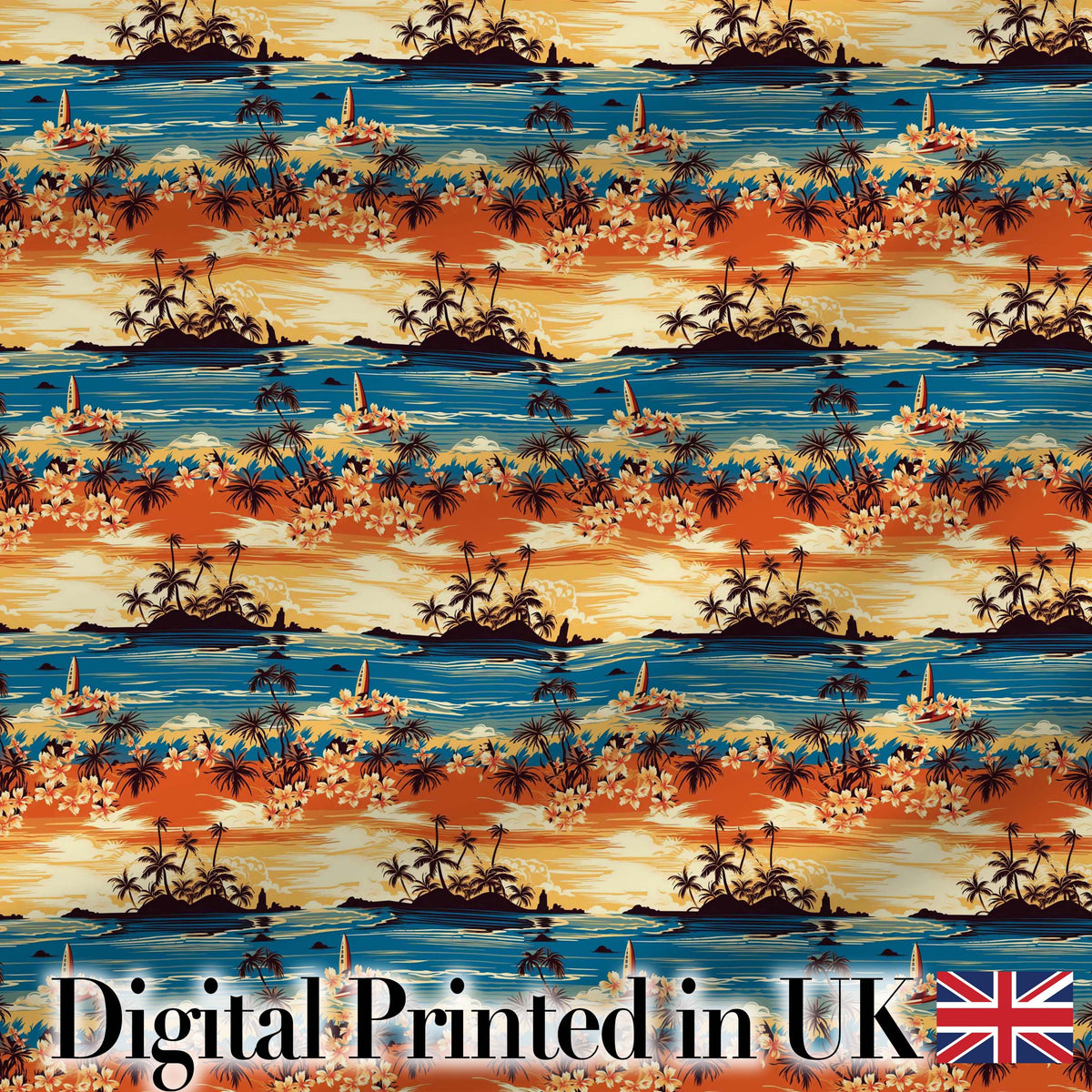 Tropical Island Sunset Palm Scene Seamless Pattern Digital Print Fabric by the Metre UK Sewing Quilting Textile