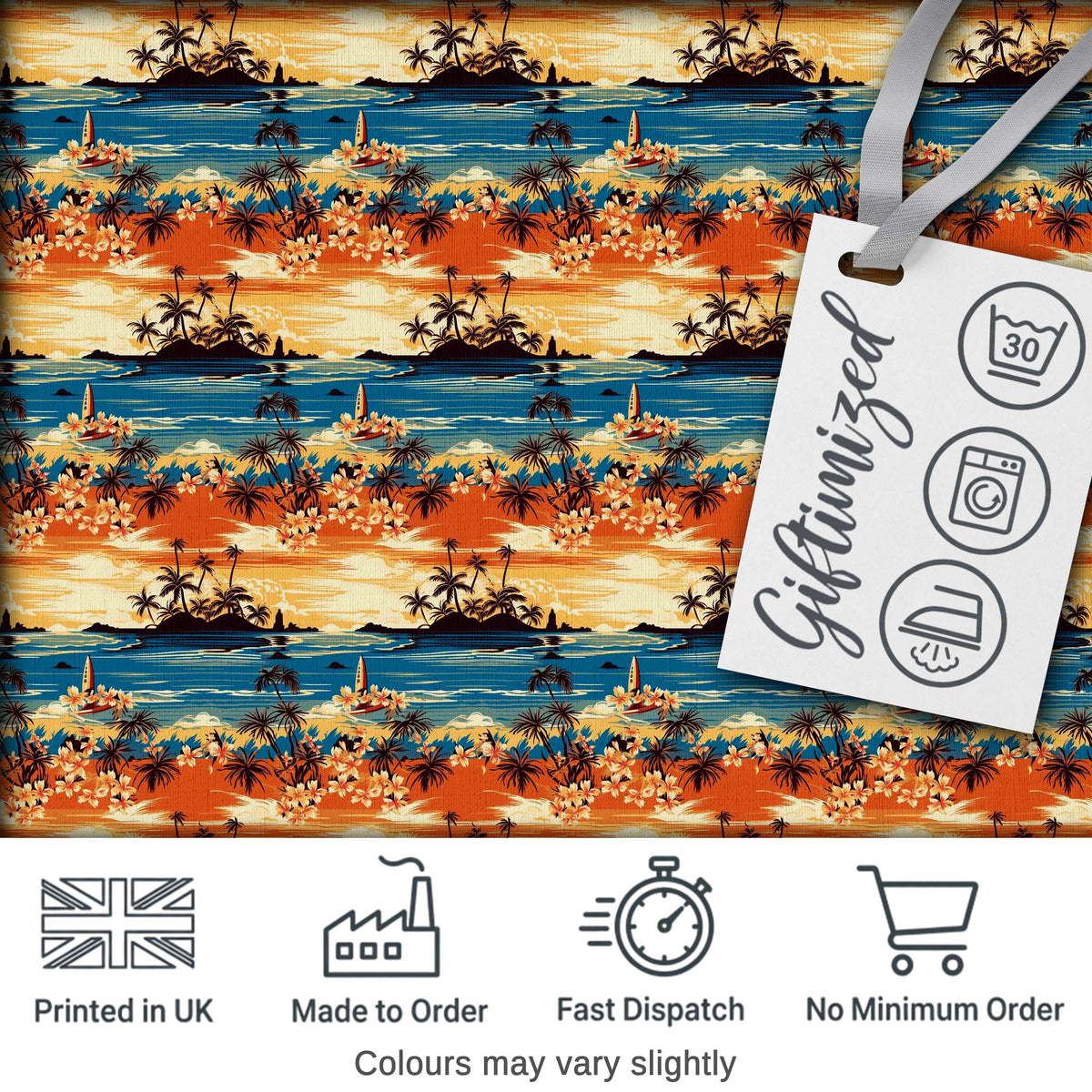 Tropical Island Sunset Palm Scene Seamless Pattern Digital Print Fabric by the Metre UK Sewing Quilting Textile