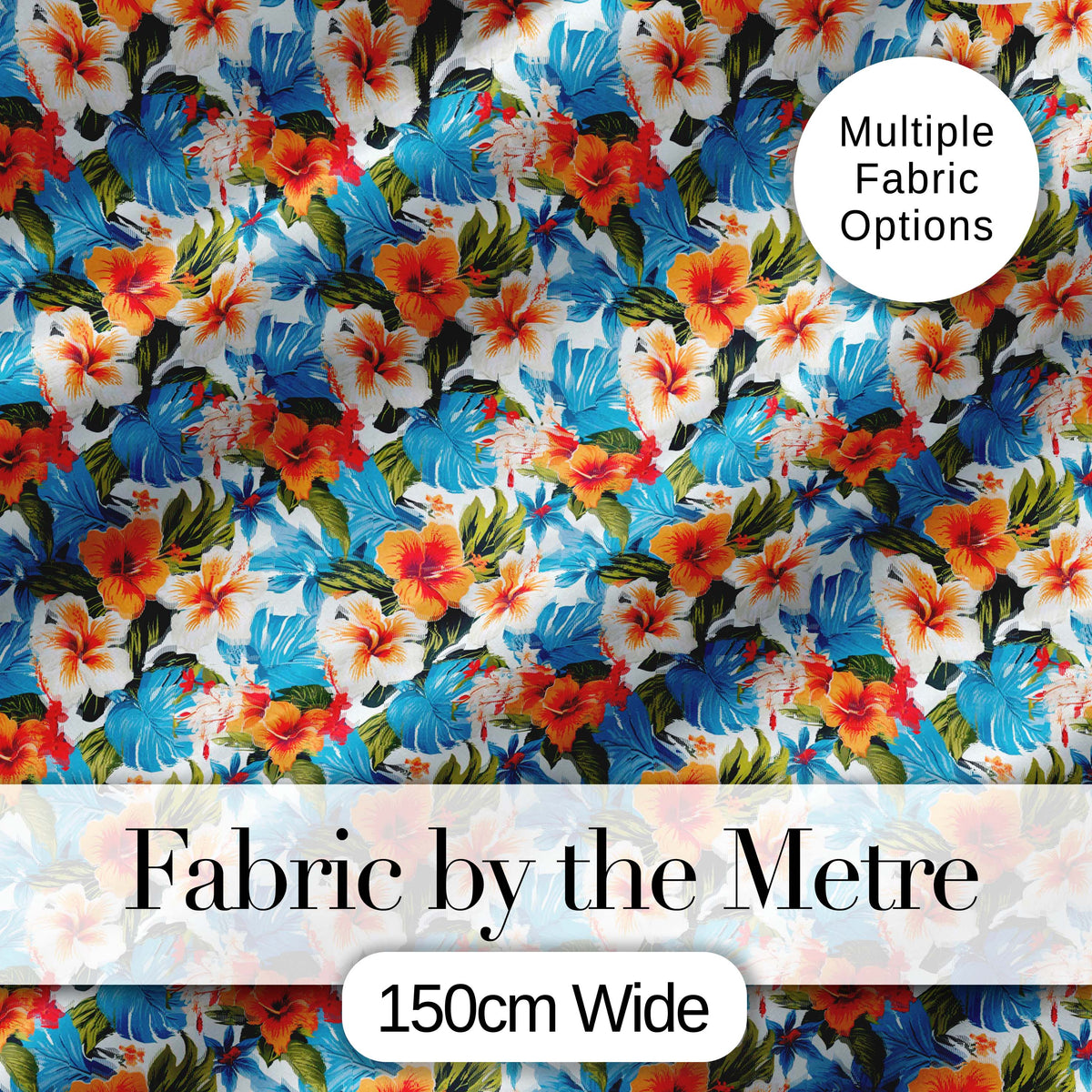 Vibrant Blue Orange Hibiscus Tropical Floral Seamless Pattern Digital Print Fabric by the Metre UK Sewing Quilting Textile