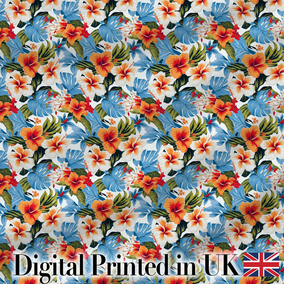 Vibrant Blue Orange Hibiscus Tropical Floral Seamless Pattern Digital Print Fabric by the Metre UK Sewing Quilting Textile