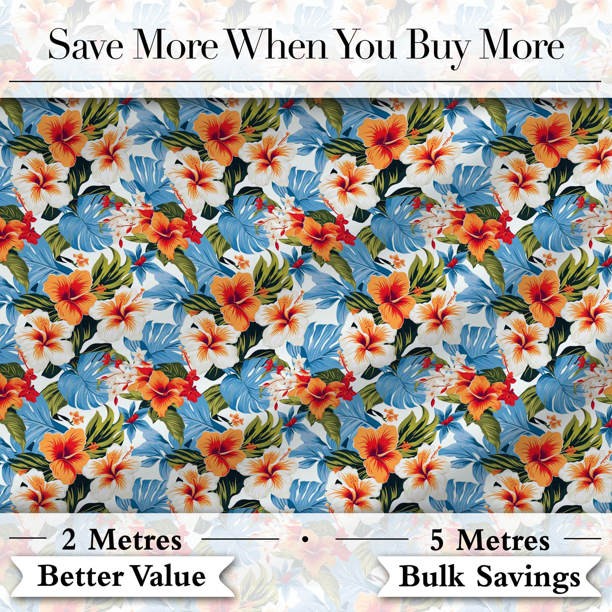 Vibrant Blue Orange Hibiscus Tropical Floral Seamless Pattern Digital Print Fabric by the Metre UK Sewing Quilting Textile