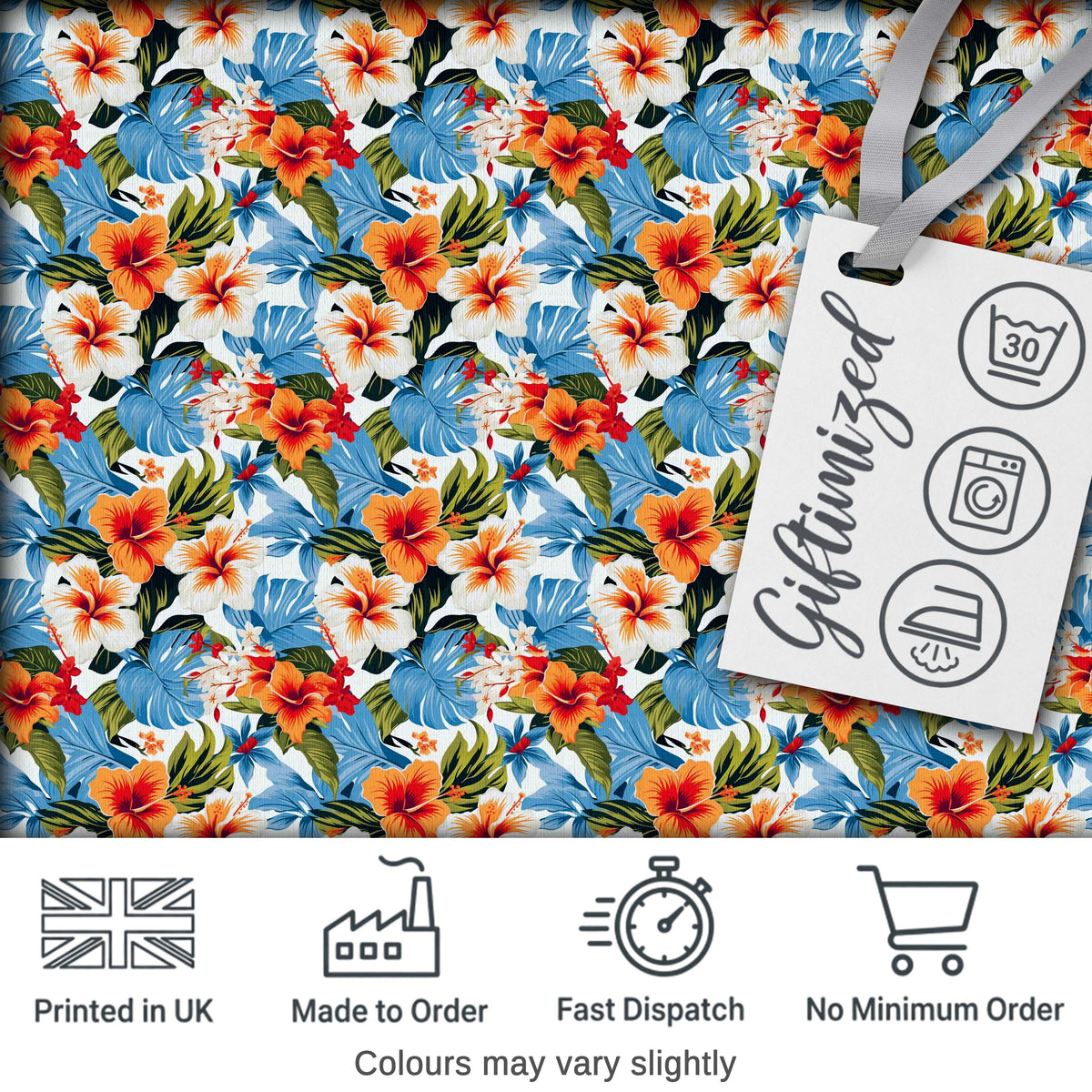Vibrant Blue Orange Hibiscus Tropical Floral Seamless Pattern Digital Print Fabric by the Metre UK Sewing Quilting Textile