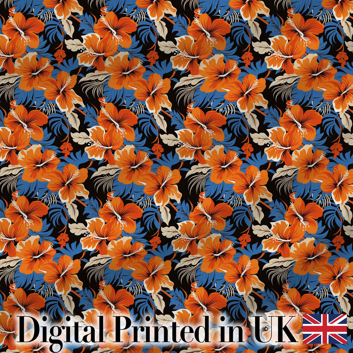 Bold Orange Hibiscus Dark Tropical Floral Seamless Pattern Digital Print Fabric by the Metre UK Sewing Quilting Textile