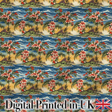 Exotic Island Hibiscus Ocean Wave Scenic Seamless Pattern Digital Print Fabric by the Metre UK Sewing Quilting Textile