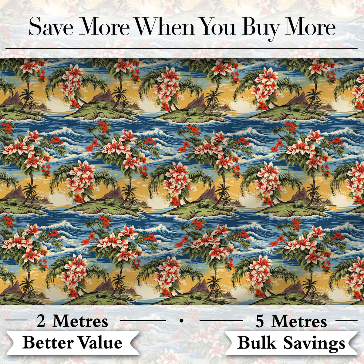 Exotic Island Hibiscus Ocean Wave Scenic Seamless Pattern Digital Print Fabric by the Metre UK Sewing Quilting Textile