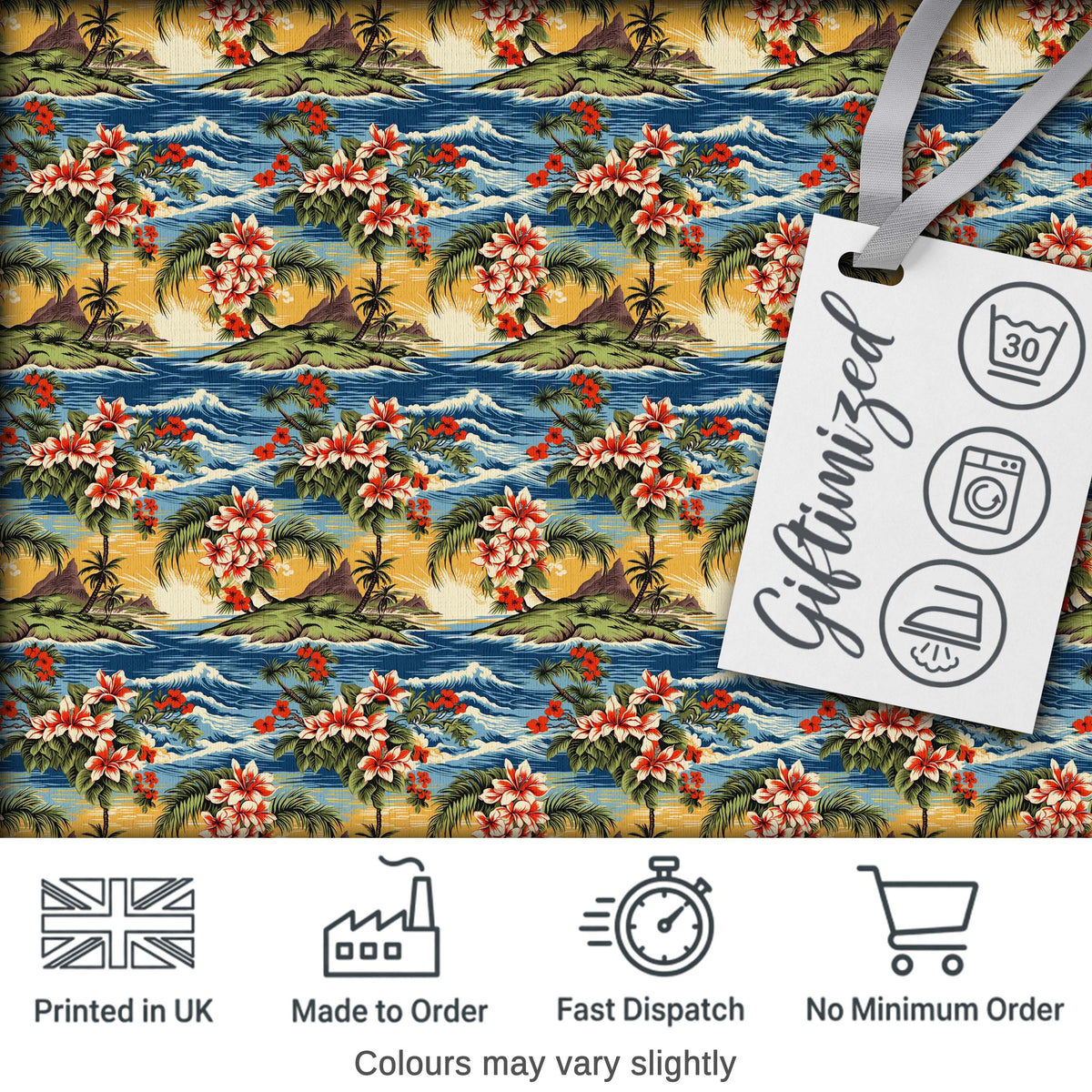 Exotic Island Hibiscus Ocean Wave Scenic Seamless Pattern Digital Print Fabric by the Metre UK Sewing Quilting Textile