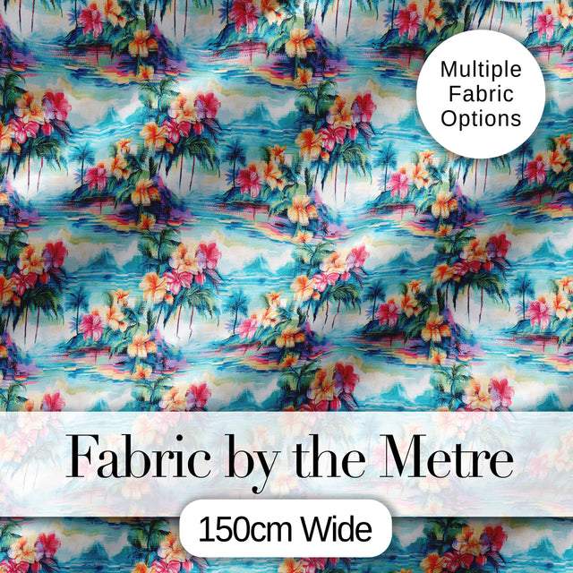 Pastel Tropical Lagoon Hibiscus Scenic Seamless Pattern Digital Print Fabric by the Metre UK Sewing Quilting Textile