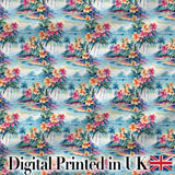 Pastel Tropical Lagoon Hibiscus Scenic Seamless Pattern Digital Print Fabric by the Metre UK Sewing Quilting Textile