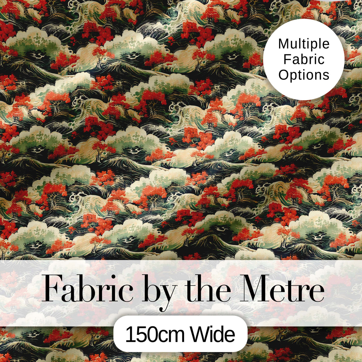 Classic Japanese Waves Red Blossom Seamless Pattern Art Digital Print Fabric by the Metre UK Sewing Quilting Textile