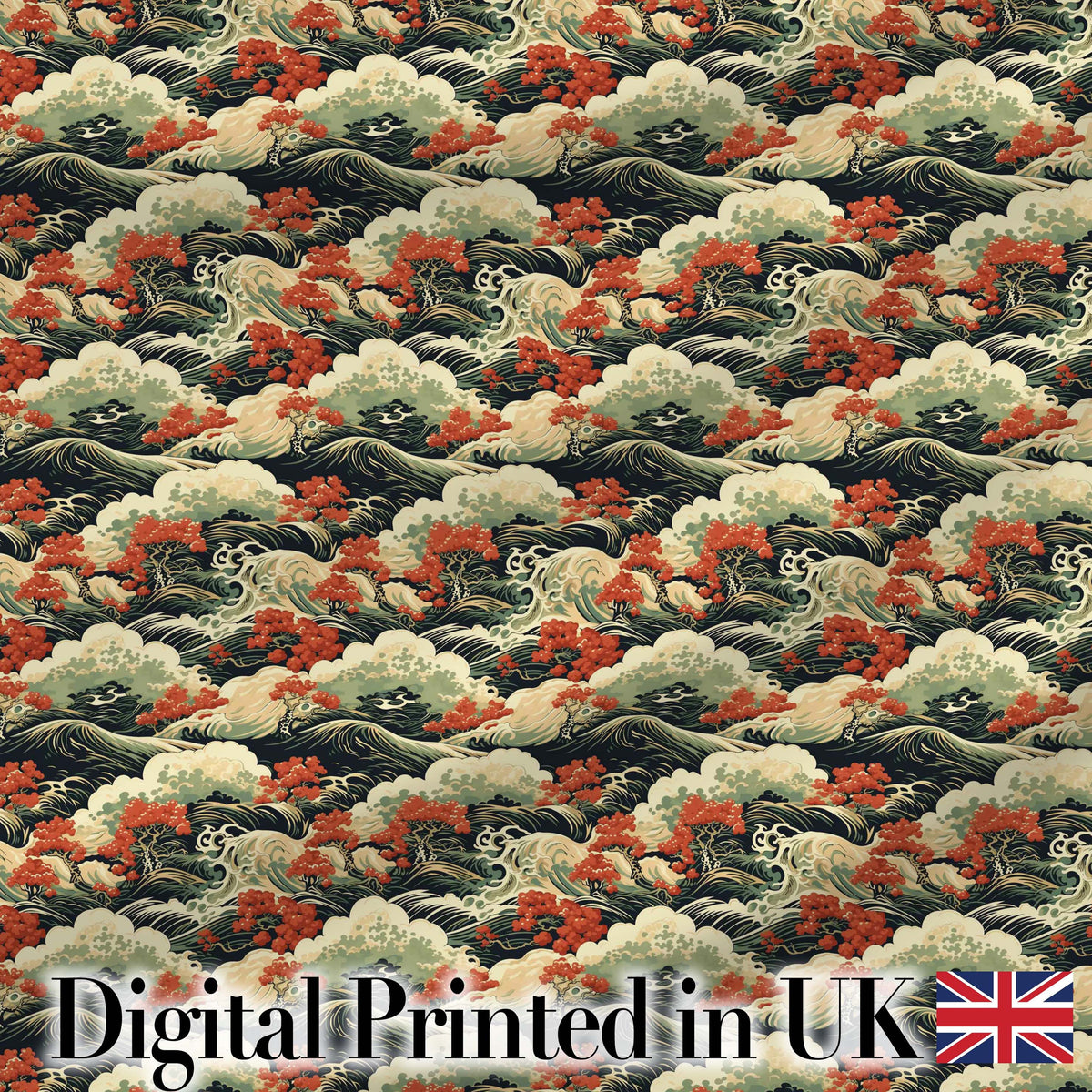 Classic Japanese Waves Red Blossom Seamless Pattern Art Digital Print Fabric by the Metre UK Sewing Quilting Textile