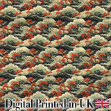 Classic Japanese Waves Red Blossom Seamless Pattern Art Digital Print Fabric by the Metre UK Sewing Quilting Textile