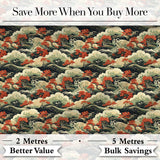 Classic Japanese Waves Red Blossom Seamless Pattern Art Digital Print Fabric by the Metre UK Sewing Quilting Textile