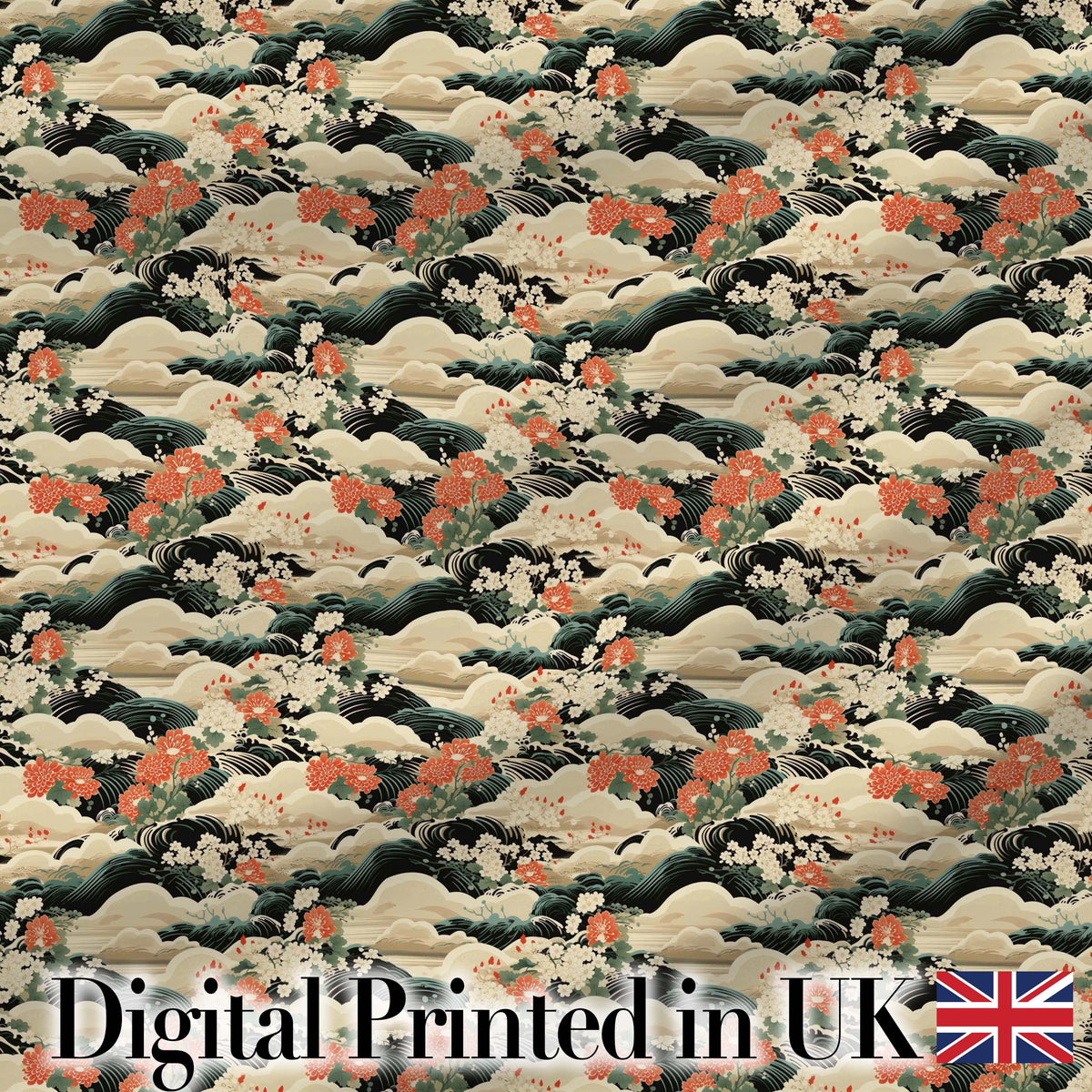 Vintage Floral Waves Chrysanthemum Seamless Pattern Art Digital Print Fabric by the Metre UK Sewing Quilting Textile