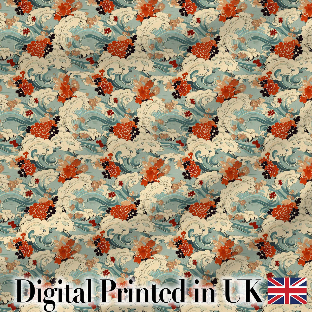 Teal Ocean Waves Floral Japanese Art Seamless Pattern Digital Print Fabric by the Metre UK Sewing Quilting Textile