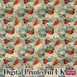 Teal Ocean Waves Floral Japanese Art Seamless Pattern Digital Print Fabric by the Metre UK Sewing Quilting Textile