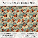 Teal Ocean Waves Floral Japanese Art Seamless Pattern Digital Print Fabric by the Metre UK Sewing Quilting Textile