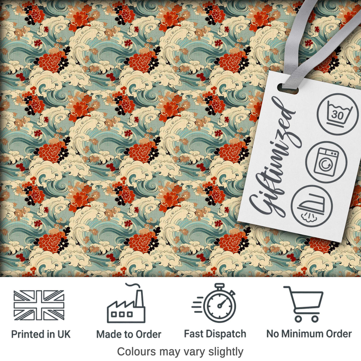 Teal Ocean Waves Floral Japanese Art Seamless Pattern Digital Print Fabric by the Metre UK Sewing Quilting Textile