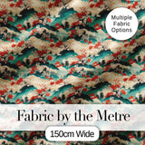 Japanese Scenic Mountains Blossom Trees Seamless Pattern Digital Print Fabric by the Metre UK Sewing Quilting Textile