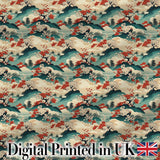 Japanese Scenic Mountains Blossom Trees Seamless Pattern Digital Print Fabric by the Metre UK Sewing Quilting Textile