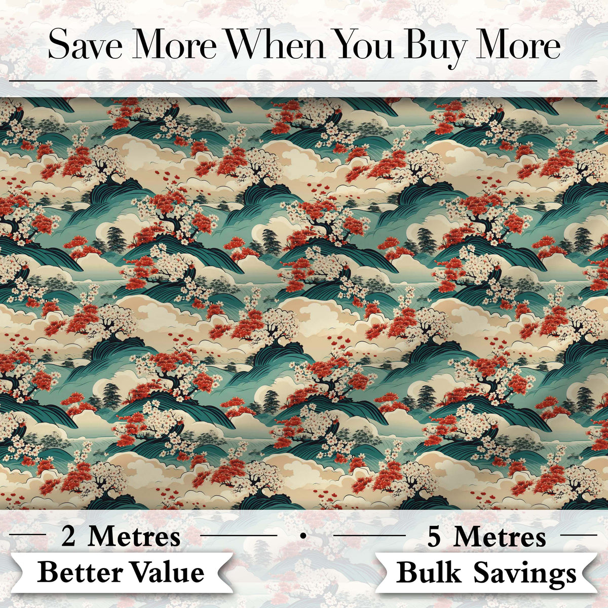 Japanese Scenic Mountains Blossom Trees Seamless Pattern Digital Print Fabric by the Metre UK Sewing Quilting Textile