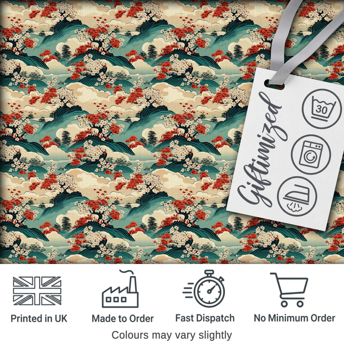 Japanese Scenic Mountains Blossom Trees Seamless Pattern Digital Print Fabric by the Metre UK Sewing Quilting Textile