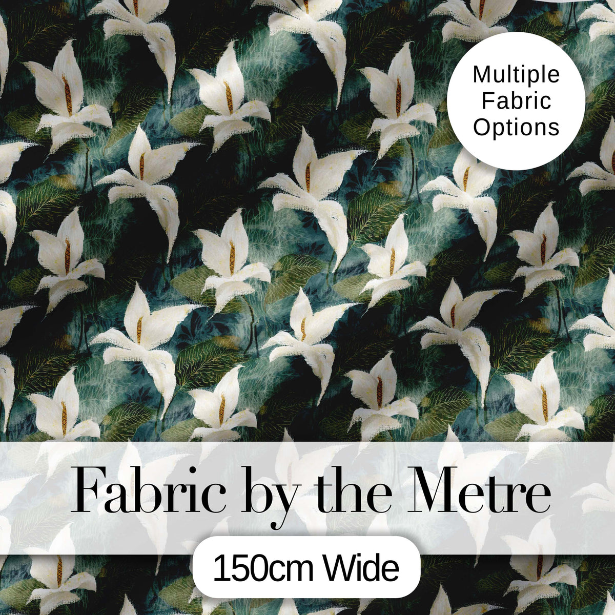 Elegant White Lily Floral Dark Leaves Seamless Pattern Digital Print Fabric by the Metre UK Sewing Quilting Textile