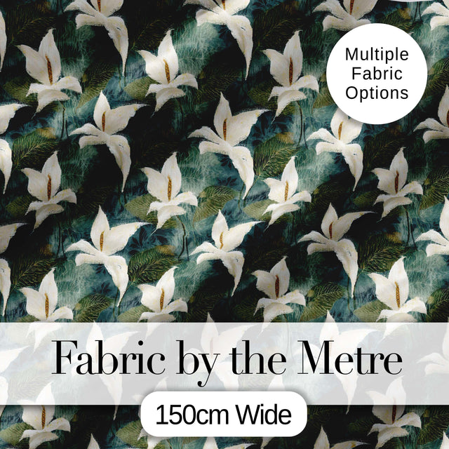 Elegant White Lily Floral Dark Leaves Seamless Pattern Digital Print Fabric by the Metre UK Sewing Quilting Textile