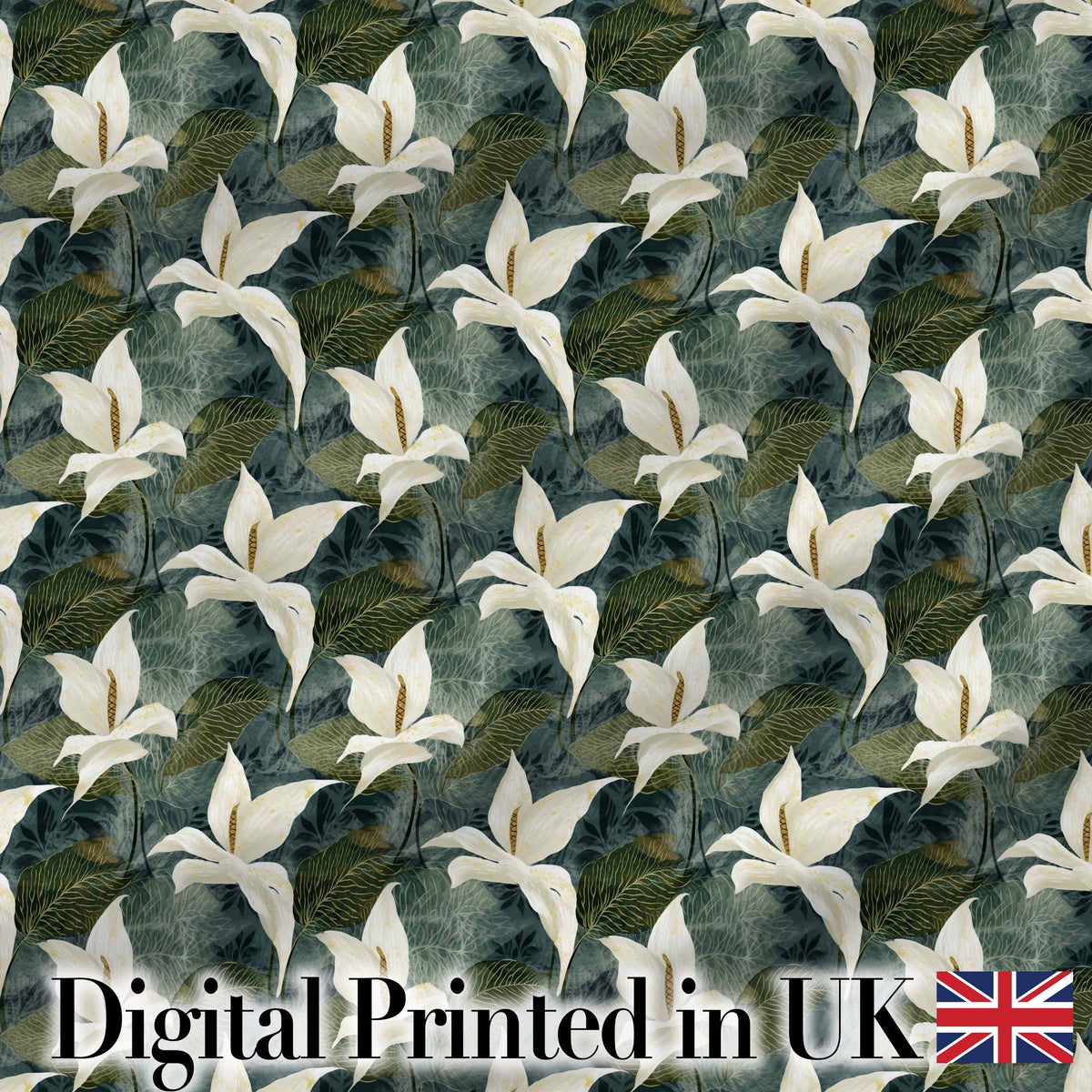 Elegant White Lily Floral Dark Leaves Seamless Pattern Digital Print Fabric by the Metre UK Sewing Quilting Textile