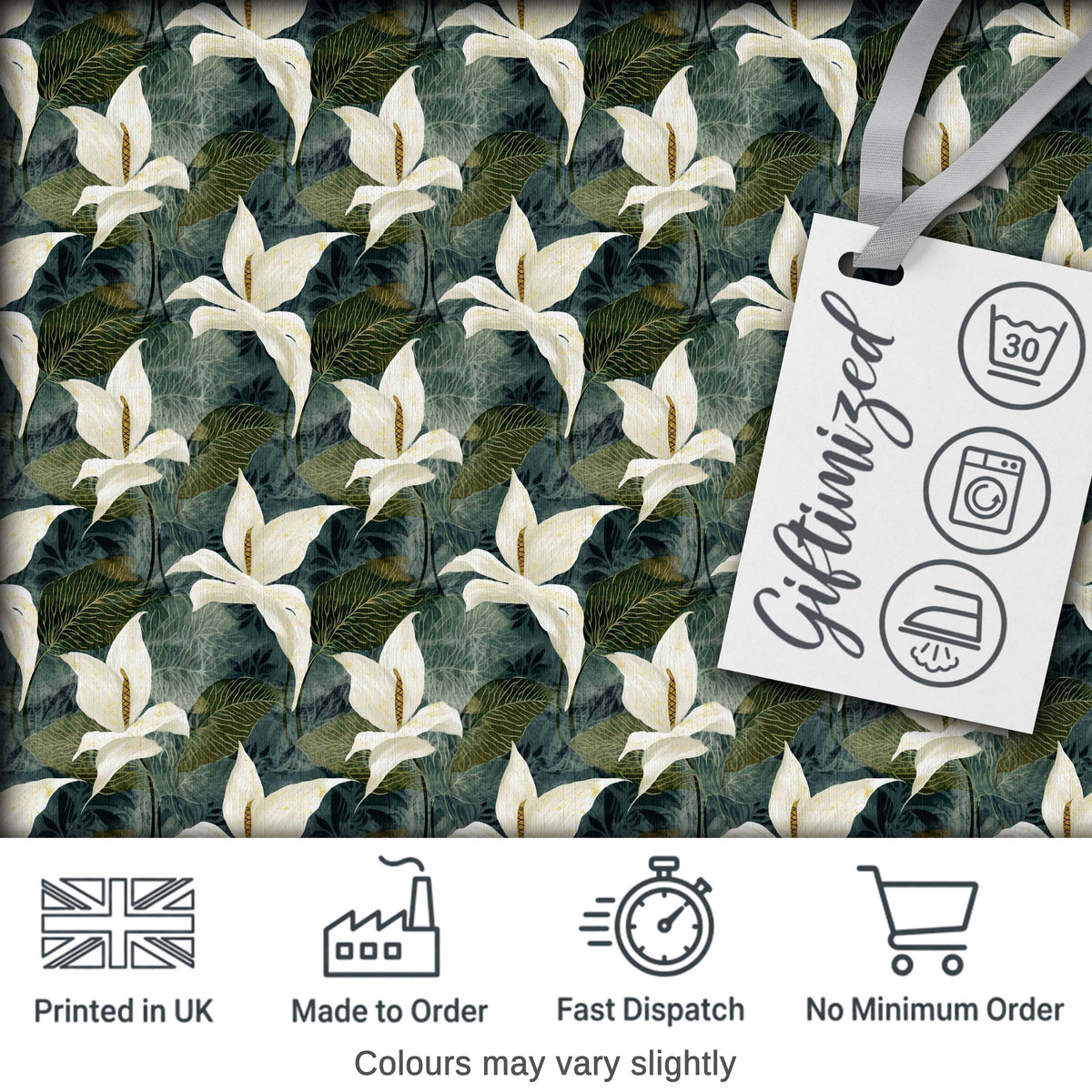 Elegant White Lily Floral Dark Leaves Seamless Pattern Digital Print Fabric by the Metre UK Sewing Quilting Textile