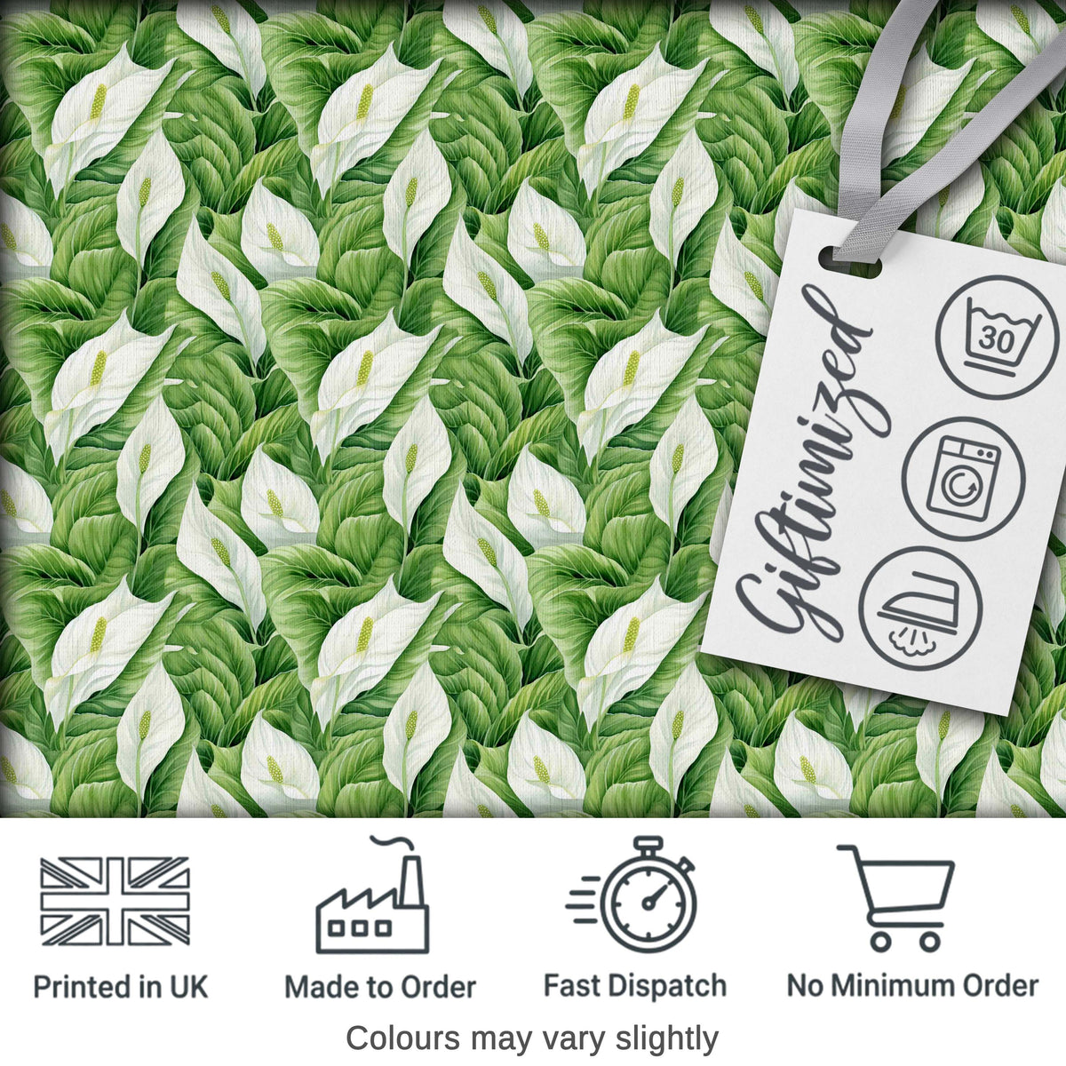 Lush Green Peace Lily Leaves Botanical Seamless Pattern Digital Print Fabric by the Metre UK Sewing Quilting Textile