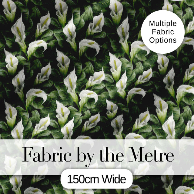 Elegant White Peace Lily Deep Green Leaves Seamless Pattern Digital Print Fabric by the Metre UK Sewing Quilting Textile