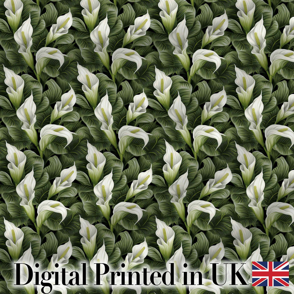 Elegant White Peace Lily Deep Green Leaves Seamless Pattern Digital Print Fabric by the Metre UK Sewing Quilting Textile