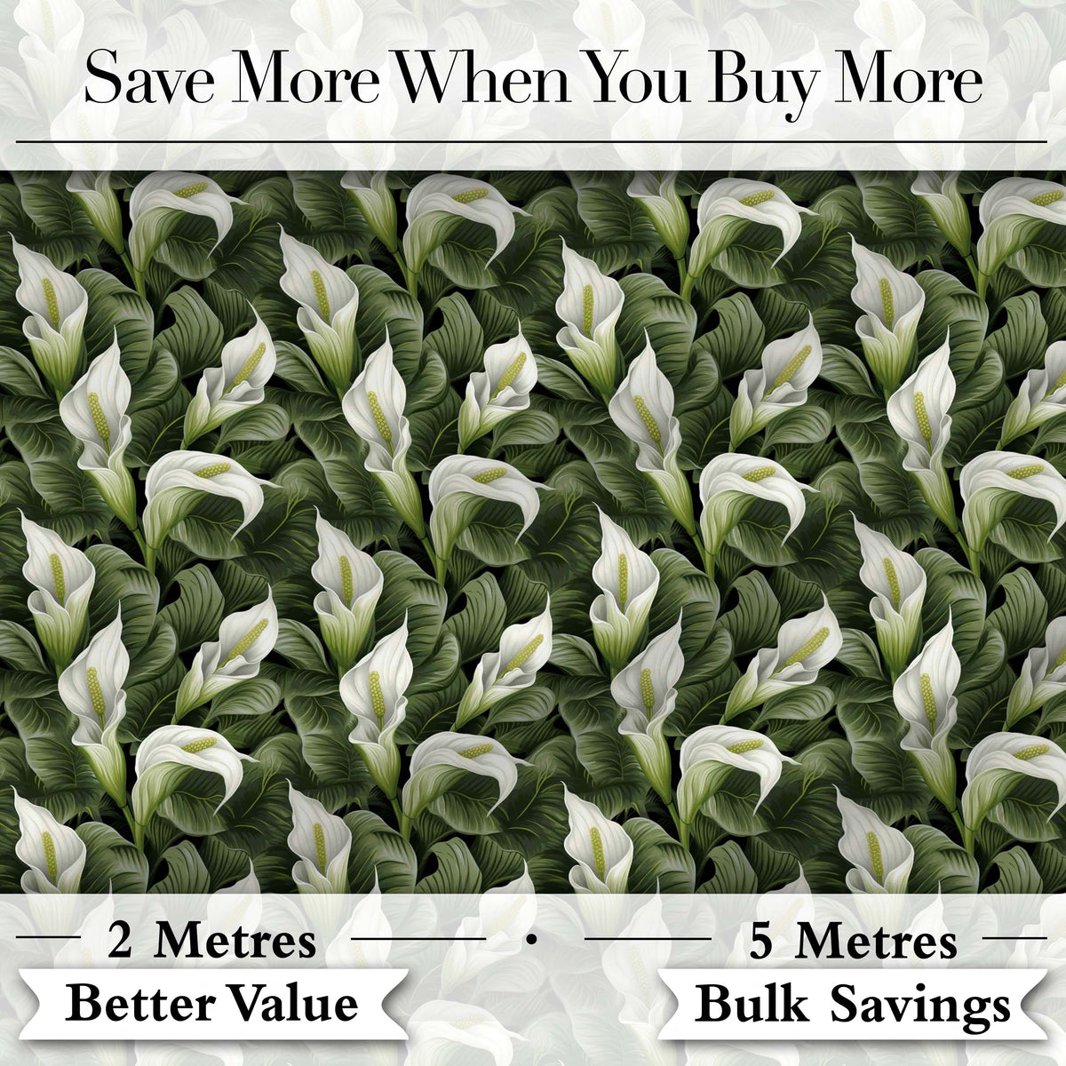Elegant White Peace Lily Deep Green Leaves Seamless Pattern Digital Print Fabric by the Metre UK Sewing Quilting Textile