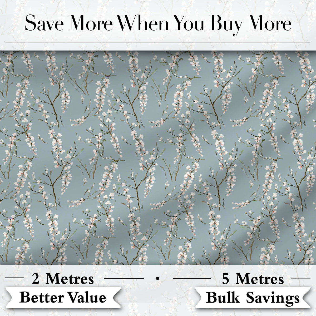 Delicate White Blossom Branches on Blue Background Seamless Pattern Digital Print Fabric by the Metre UK Sewing Quilting Textile