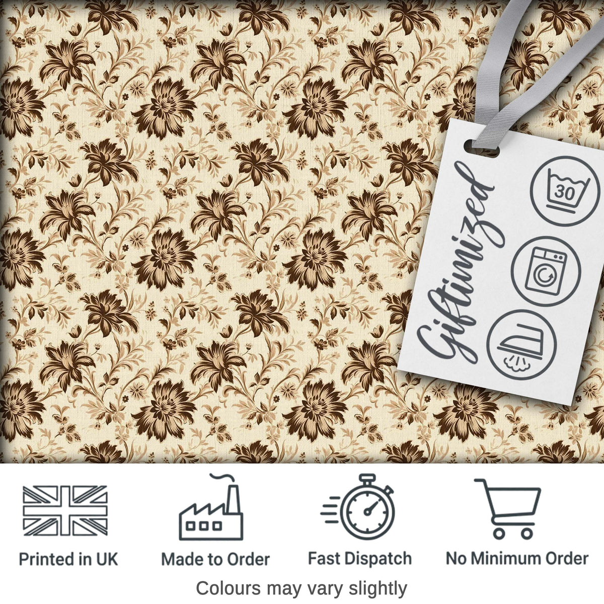 Vintage Brown Floral Garden Seamless Pattern Digital Print Fabric by the Metre UK Sewing Quilting Textile
