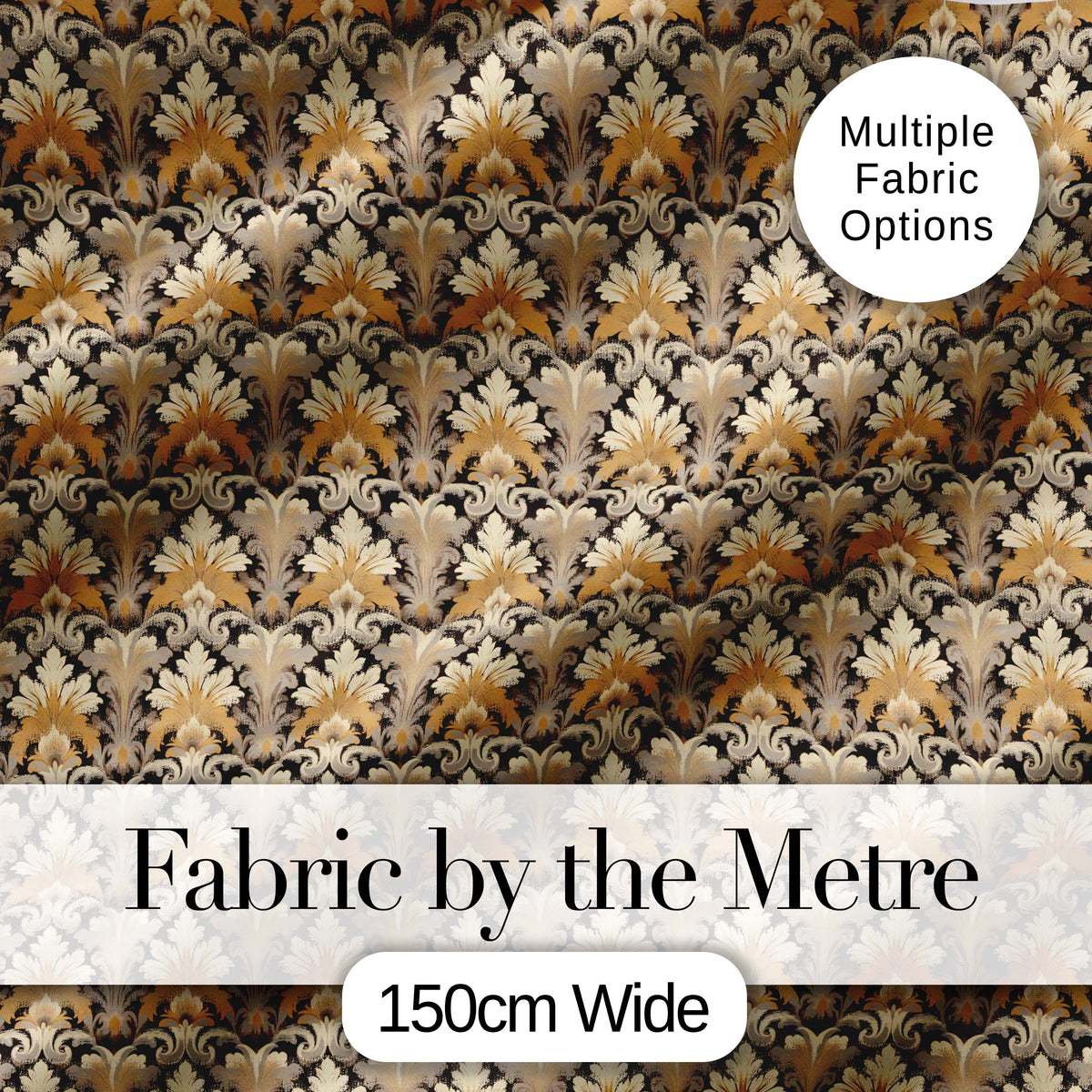 Luxury Gold Leaf Damask on Black Background Seamless Pattern Digital Print Fabric by the Metre UK Sewing Quilting Textile